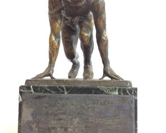 Vintage Bronze on Marble Base Track and Field Trophy (11" H, 28 pounds). Baltimore, Maryland. "The Sun and The Evening TimesTrophy Maryland Olympic Games Awarded Annually to County Scoring Most Points". The Name Plate List Winners from 1931 to 1936. 