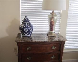 MARBLE TOP CHEST WITH DRAWERS, LAMP AND DECOR