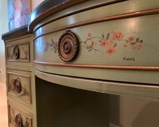 Vintage Hand Painted Chinoiserie Bedroom Set with Marble Top, Signed R. Welch