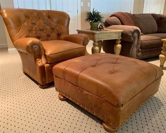 Ralph Lauren Tufted Back Leather Club Chair with Ottoman