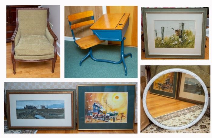 Two living room chairs, antique school desks, mirrors, paintings and prints