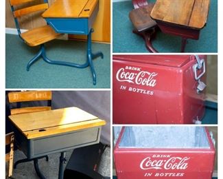 Antique school desks, antique coca-cola coke cooler