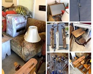 Ethan Allen sofa, lamps, antique wood shaft golf cluns, antique golf bags, modern golf clubs (name brands), child's rocking airplane