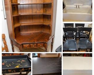 Corner hutch, Large wooden chest, cedar chest (not pictured), large coffee table, folding painted tray/stand, sturdy bar stools, Ethan Allen kitchen chairs (black)