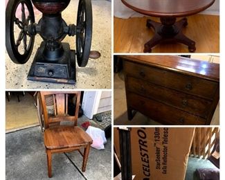 Antique coffee grinder, Expanding solid wood table with leaves and custom pads, 130mm telescope, Full bedroom set solid wood
