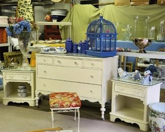 Shabby Chic bedroom set, bird cage, Chinese figures, large Asian ceramic pot, blue & white dishes