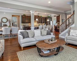 "Like New" Transitional Furniture. 56" Oval Solid Pine Wood with Wrought Iron Coffee Table, Octagon Wood Top / Wrought Iron End Table, Large Artwork, Lamp, Kitchen Table w/6 Chairs, Matching Sideboard, Clock, Accessories.