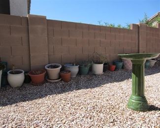 flower pots and bird bath