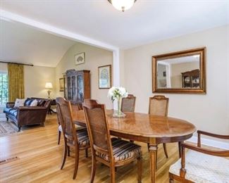 dining room table ( Drexel ) with 6 chairs, china cabinet and custom cover leaves 