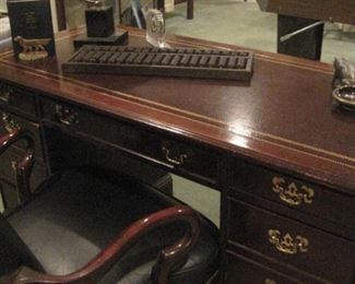 Leather Tooled and Mahogany Desk. Leather Desk Chair.