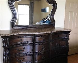 Villa Sonoma Dresser with Mirror  - Beautiful Aged Brandy Finish & Marble Veneer Top  also included separately is matching end table, Media Chest , and Queen Bed