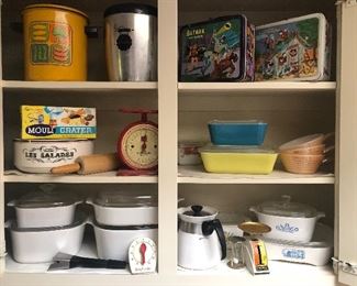 Vintage Kitchen Items - Corningware , Pyrex, Aladdin Lunch Box, MCM Vegetable Enamelware Steamer, Scale, Mouli Cheese Grater, Cookie Jar