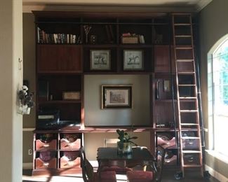Antique table, miscellaneous designer pieces.  Built in wall unit not for sale.  