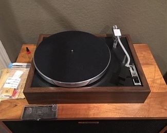 Vintage Acoustic Research XB turntable with original oil bottle, tracking gauge, and paperwork.
