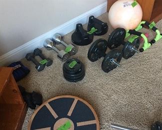 Miscellaneous free weights, weight bench, workout equipment
