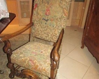 Offered at $3000. French Continental 1870 set of two head of table chairs with 1800s needle point upholstery and four side chairs. Made of hand carved Walnut. Side chair shown here. (17"d x 19"w x 51.75"h) ~ Please send inquiries via text to 251.525.0966 and reference the photo number.