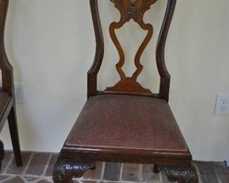 Offered at $2800. Set of six Queen Anne style 19th Century Walnut pierced back room chairs. Ball and claw feet with heavy carving to top of legs. (21"w x 19"d x 40"h) ~ Please send inquiries via text to 251.525.0966 and reference the photo number.
