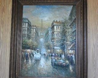 Offered at $400. Eiffel Tower scene oil on canvas framed in heavy gilded baroque frame. Unsigned. In the style of Frank Bennett. (50 3/4" x 63" framed) ~ Please send inquiries via text to 251.525.0966 and reference the photo number.