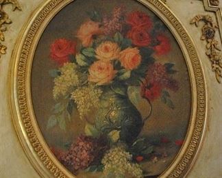 Offered at $3900. Very large French gilded trumeau mirror with Rose painting. Age unconfirmed by Appraiser. (98" x 48") ~ Please send inquiries via text to 251.525.0966 and reference the photo number.