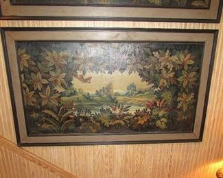 Offered at $500/each, or $1000 for the pair. Pair of "paintings" are believed to be parts of a larger painting, possibly a mural at one time. Appraised estimated age Mid 1800s. Many deterioration features requiring expert repair, but amazing as they are. 5" frame. No signature. (Each measure 33 1/2" x 62 3/4") ~ Please send inquiries via text to 251.525.0966 and reference the photo number.