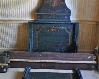 Offered at $1500. Italian painted convent bed. Circa 1800. Good condition, age considered. Includes matching side rails and foot board. ~ Please send inquiries via text to 251.525.0966 and reference the photo number.