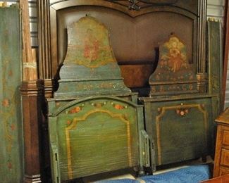 Offered at $1500/ea. Italian painted convent bed. Circa 1800. Good condition, age considered. Includes matching side rails and foot board. ~ Please send inquiries via text to 251.525.0966 and reference the photo number.