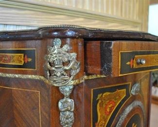 Offered at $3000. Pair of Matching Marquetry cabinets. In style of Napoleon III. Circa 1800s. (25"w x 12.25"d x 31.75"h) ~ Please send inquiries via text to 251.525.0966 and reference the photo number.