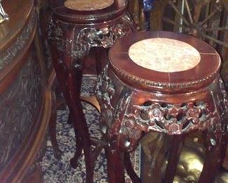 Pair Asian carved wood plant stands w marble top inserts, sold together or separately