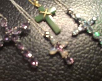Cross Sterling w amethysts, blue topaz & opals and Jadeite 14k y gold necklaces