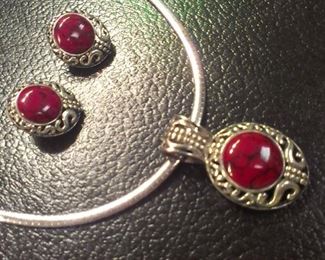 Sterling carnelian pendant omega necklace w matching earrings