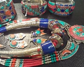 Selection of Tibetan silver jewelry: cuffs, necklaces & earrings (al stamped 925)