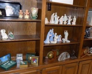 Roseville pottery, Weller Pottery, Waterford crystal Christmas items, Lladro Holy Family, and more