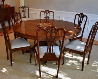 Jonathan Charles Fine Furniture round dining table with 10 chairs and leaf cabinet