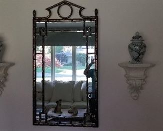 Asian inspired mirror, shelves, vases - vintage