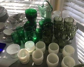 Many glass items including milk glass collection.