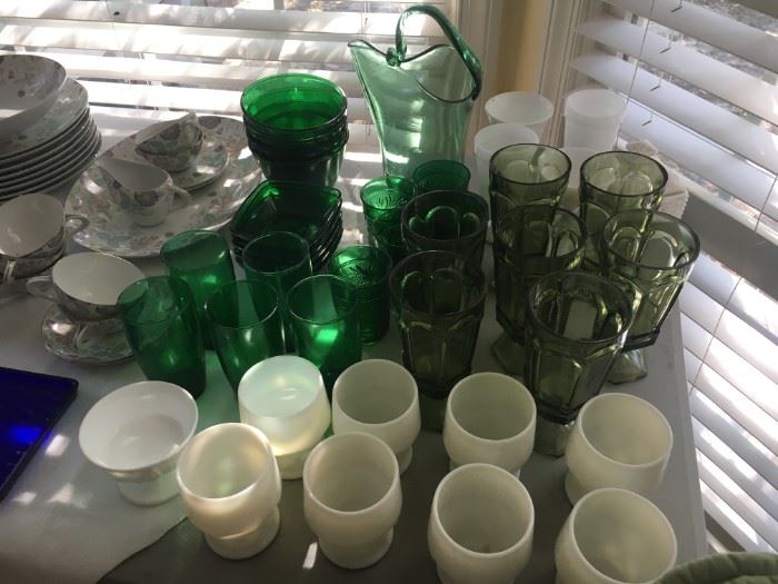 Many glass items including milk glass collection.