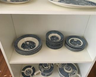 Currier and Ives Blue and White set of dishes and covered casserole
