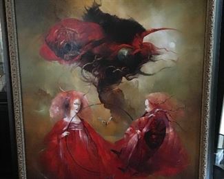 large Anne Bachelier oil painting titled "Two Sorceresses at Dawn" - measures 64" x 52"