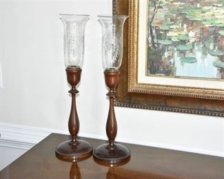 21. Pair of Etched Glass Candlesticks