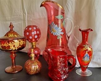 Assorted Cranberry Hand Painted Glass Fenton