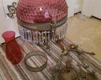 Atq Brass Lamp with Cranberry Hobnail Shade