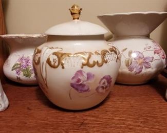 Atq Hand Painted Biscuit Jar, Vases