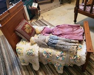 Atq Victorian Oak Doll Bed and Dolls