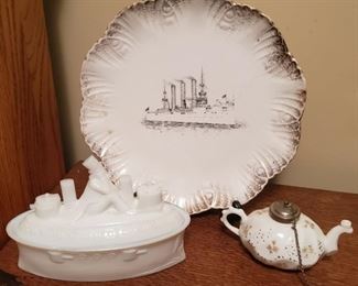 Atq WWI Battleship Plate, Milk Glass and Minature Whale Oil Lamp