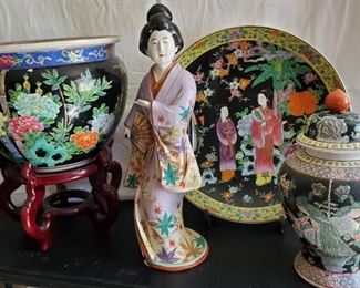 Lg Asian Pots, Plate, and Figurine