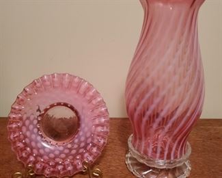 Tall Vtg Fenton Hurricane Lamp and Bonbon