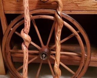 Two Handmade Canes and Atq Wheel