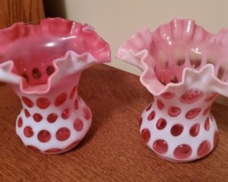 Vtg Cranberry Cased Hobnail Vases Two