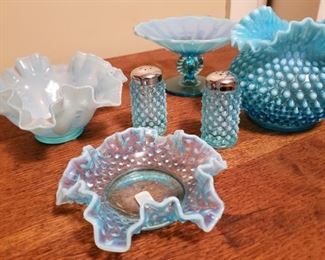 Vtg Fenton Blue Hobnail Bonbon, Vase, Salt and Pepper