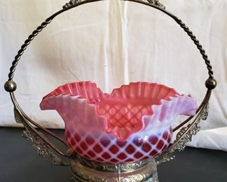 Vtg Fenton Bowl with Brass Basket
